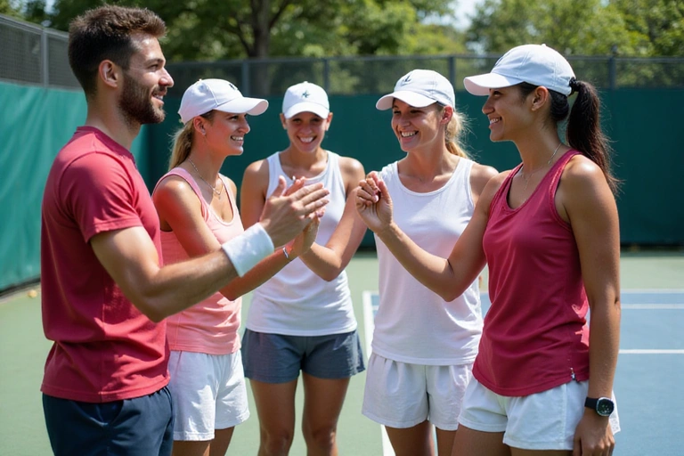 Group of diverse tennis players cheering on court