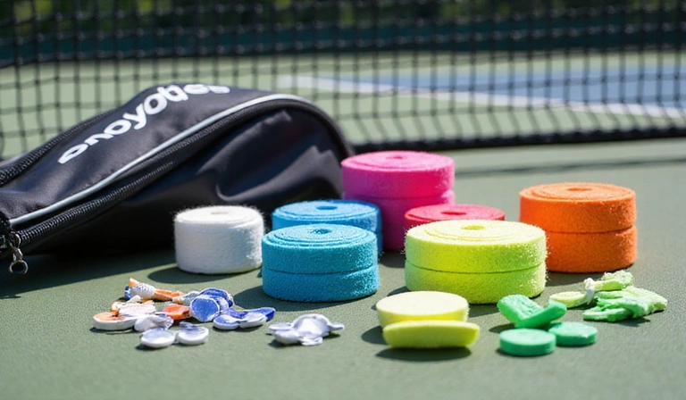 A collection of tennis accessories including bags, grips, and dampeners arranged neatly on a tennis court surface.