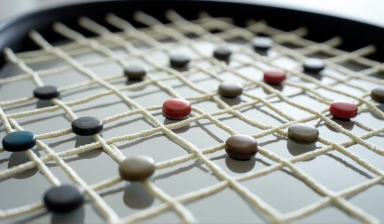 Close-up of a tennis racket string bed with various types of vibration dampeners attached.