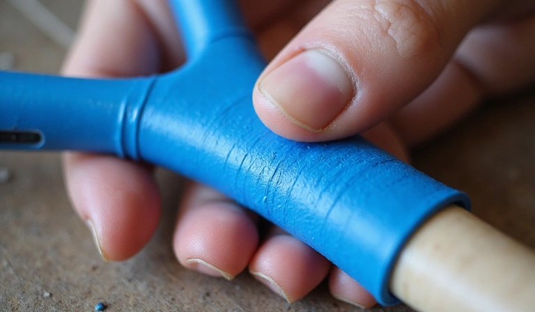 Close-up of a tennis racket handle with a new overgrip being applied, showing the texture and wrap.