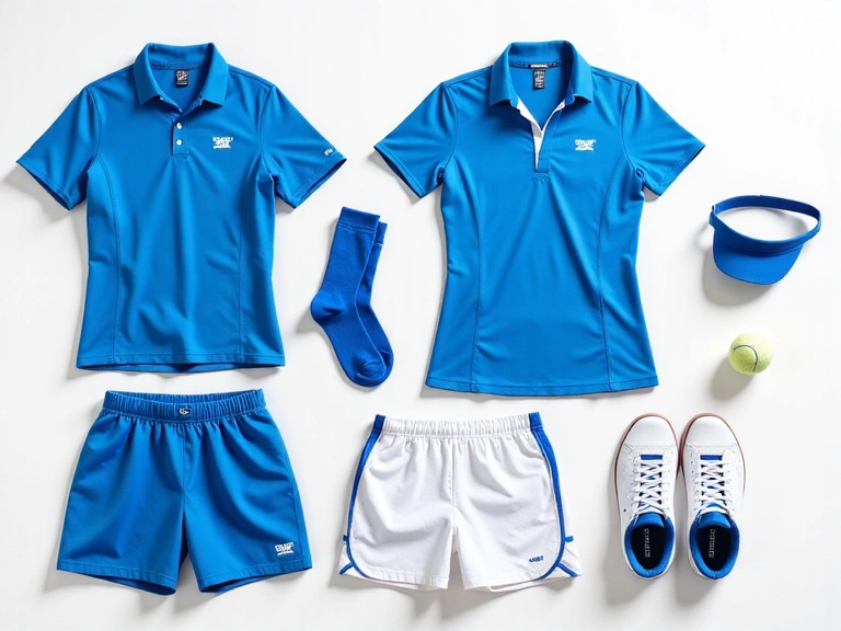 Various tennis apparel items laid out: shirt, shorts, skirt, shoes, visor