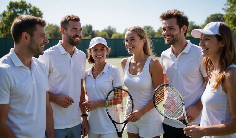 Group of diverse tennis players smiling on a court, representing community and friendship