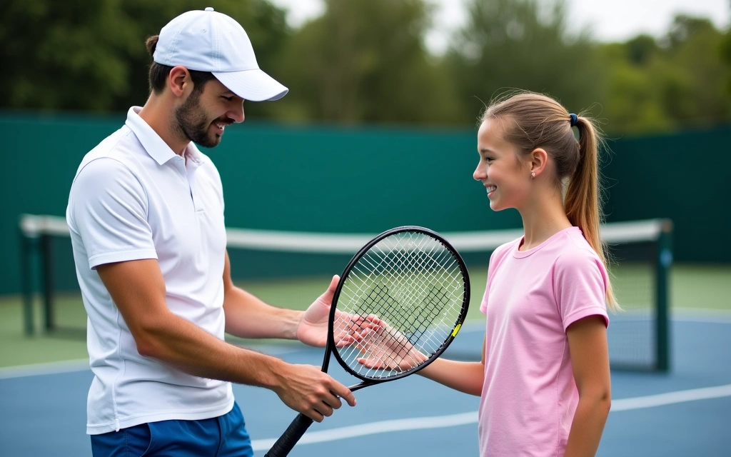 A tennis coach explaining racket features to a junior player