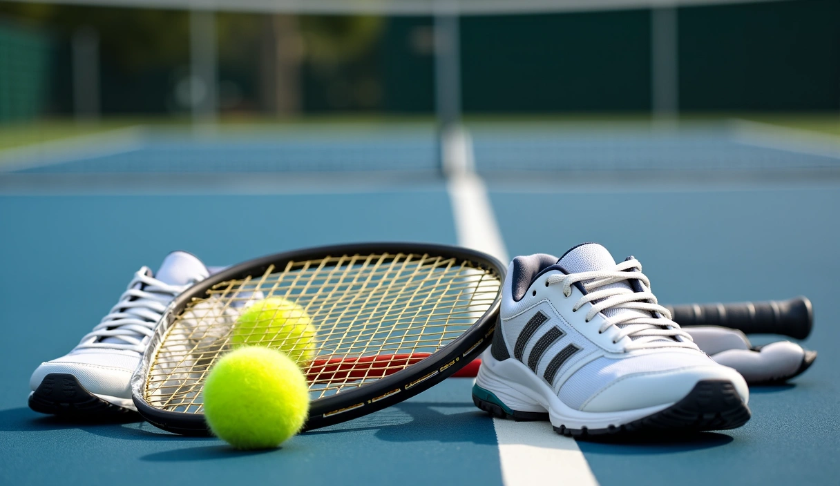 A collection of tennis equipment including rackets, balls, and shoes neatly arranged on a tennis court, ready for play.