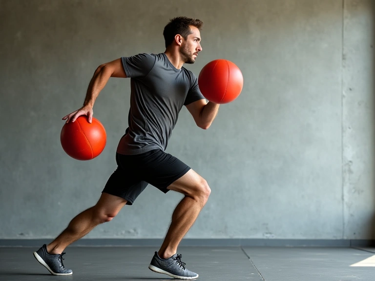 Athlete throwing a medicine ball and immediately sprinting, showing explosive power