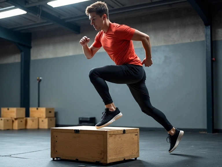 Athlete performing a box jump, demonstrating explosive leg power