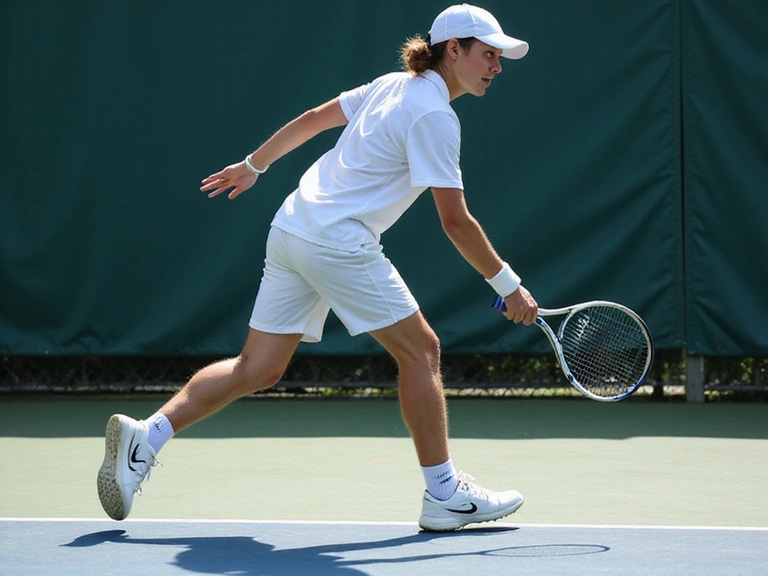 Tennis player approaching the net, demonstrating controlled steps