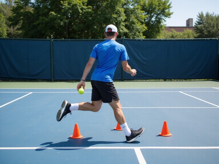 Tennis player performing a cone drill on a court, emphasizing agility