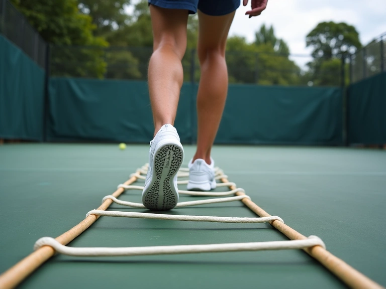 Tennis player using an agility ladder for quick foot coordination