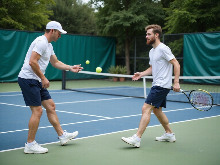 Tennis coach feeding balls to a player for on-court footwork practice