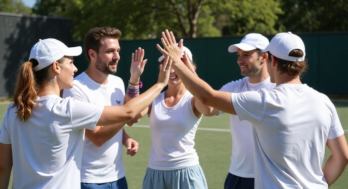A group of diverse tennis players celebrating on court