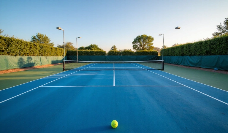 Tennis court with a net and a tennis ball