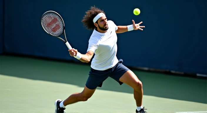 Tennis player performing a powerful serve