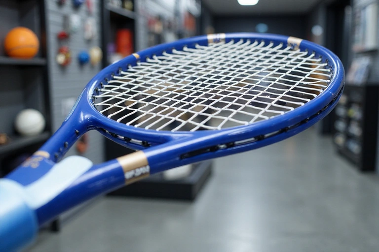 A close-up of a new tennis racket with strings