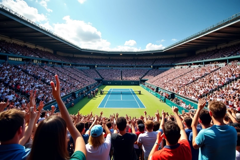 Tennis fans cheering in a stadium