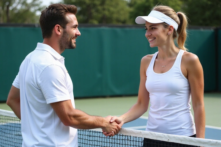 Two tennis players shaking hands over the net after a match
