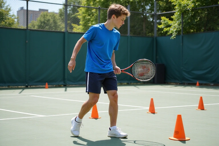 Young tennis player practicing footwork drills