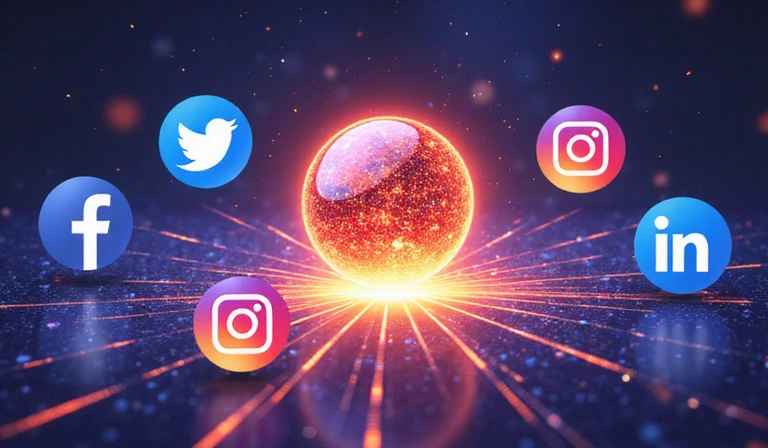 Image of various social media icons floating around a central data sphere, representing data from social networks.