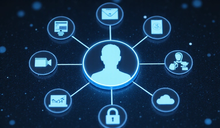Image depicting various icons representing different third-party services connecting to a central user profile, emphasizing data disclosure.