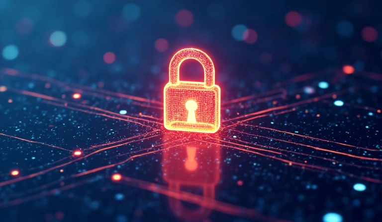 Image showing a padlock and digital data streams, symbolizing data security and privacy.