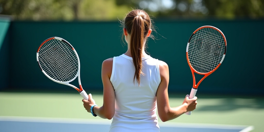 Tennis player trying out different rackets on court