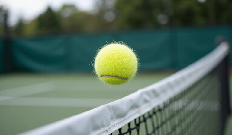 A tennis ball flying over the net with a blurred background, symbolizing shot selection and risk.