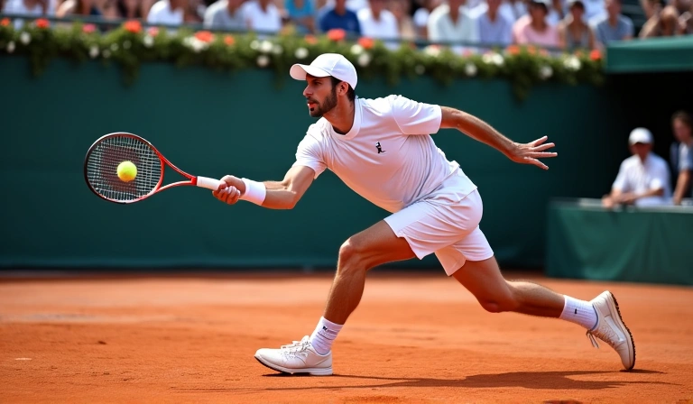 Tennis player executing an attacking forehand during a singles match, showing aggressive court positioning.
