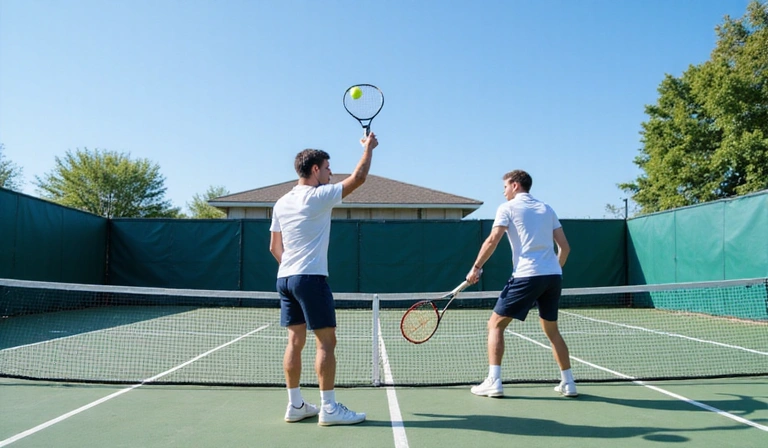 Two tennis players in a doubles match, one at the net ready to poach, the other serving from the baseline, illustrating effective doubles formation.