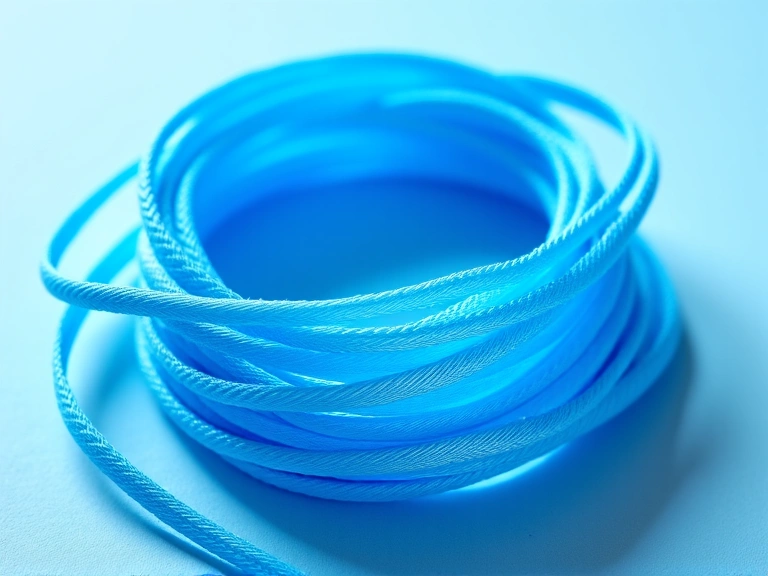 Bright blue polyester tennis string, tightly coiled