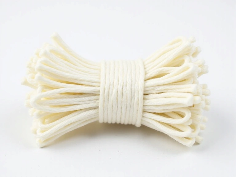 Bundled synthetic gut tennis string, white, with a slightly textured appearance