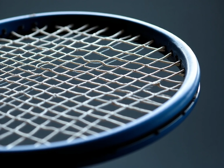 Tennis racket close-up showing perfectly strung strings
