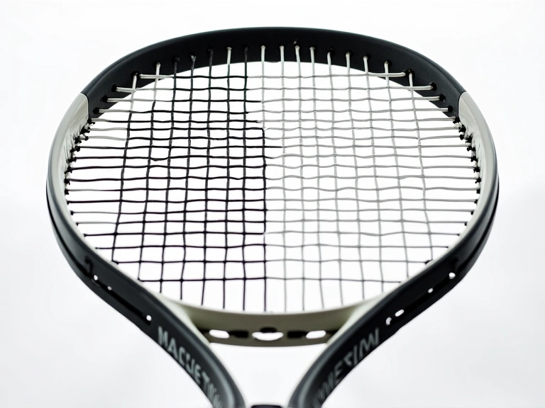 Tennis racket with a hybrid string setup, showing two different string colors