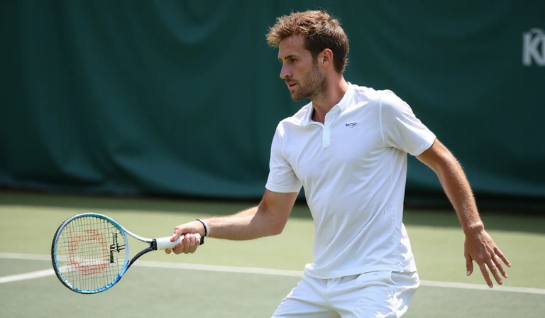 Tennis player executing a powerful forehand stroke