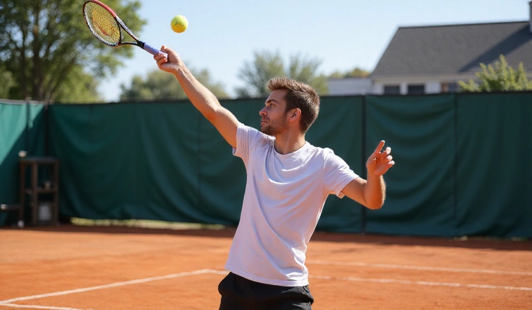 Tennis player in the middle of serving, ball tossed high