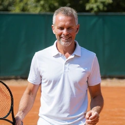 Profile of a male tennis coach, mid-40s, with a friendly and encouraging expression