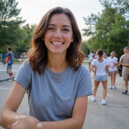 Profile of an enthusiastic community organizer, female, mid-30s, smiling at a tennis event