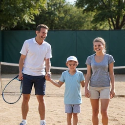 Profile of a family playing tennis together, smiling and having fun