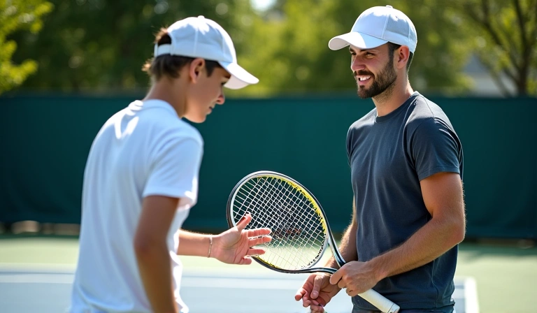 Tennis coach demonstrating a technique to a student