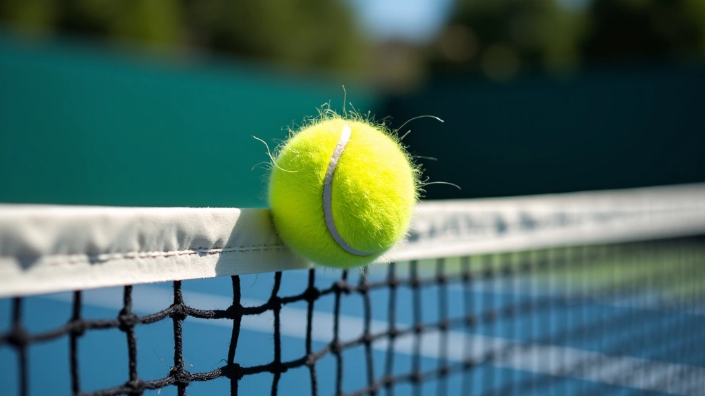Tennis ball mid-air over a net during a match